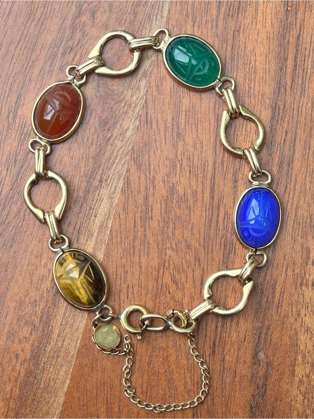 Vintage Scarab Bracelet 12K Gold Filled Egyptian Revival Multi Stone 7” - Picture 4 of 4
